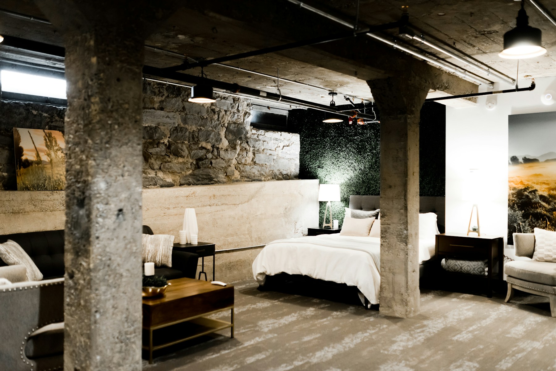 Boutique hotel lobby with warm minimal interior.
